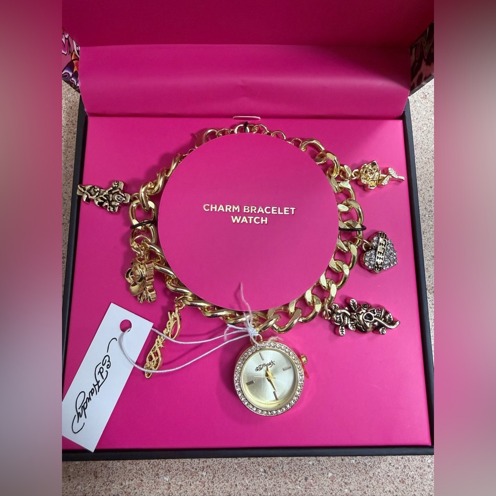 Nwt Ed Hardy Gold Charm Bracelet With Watch